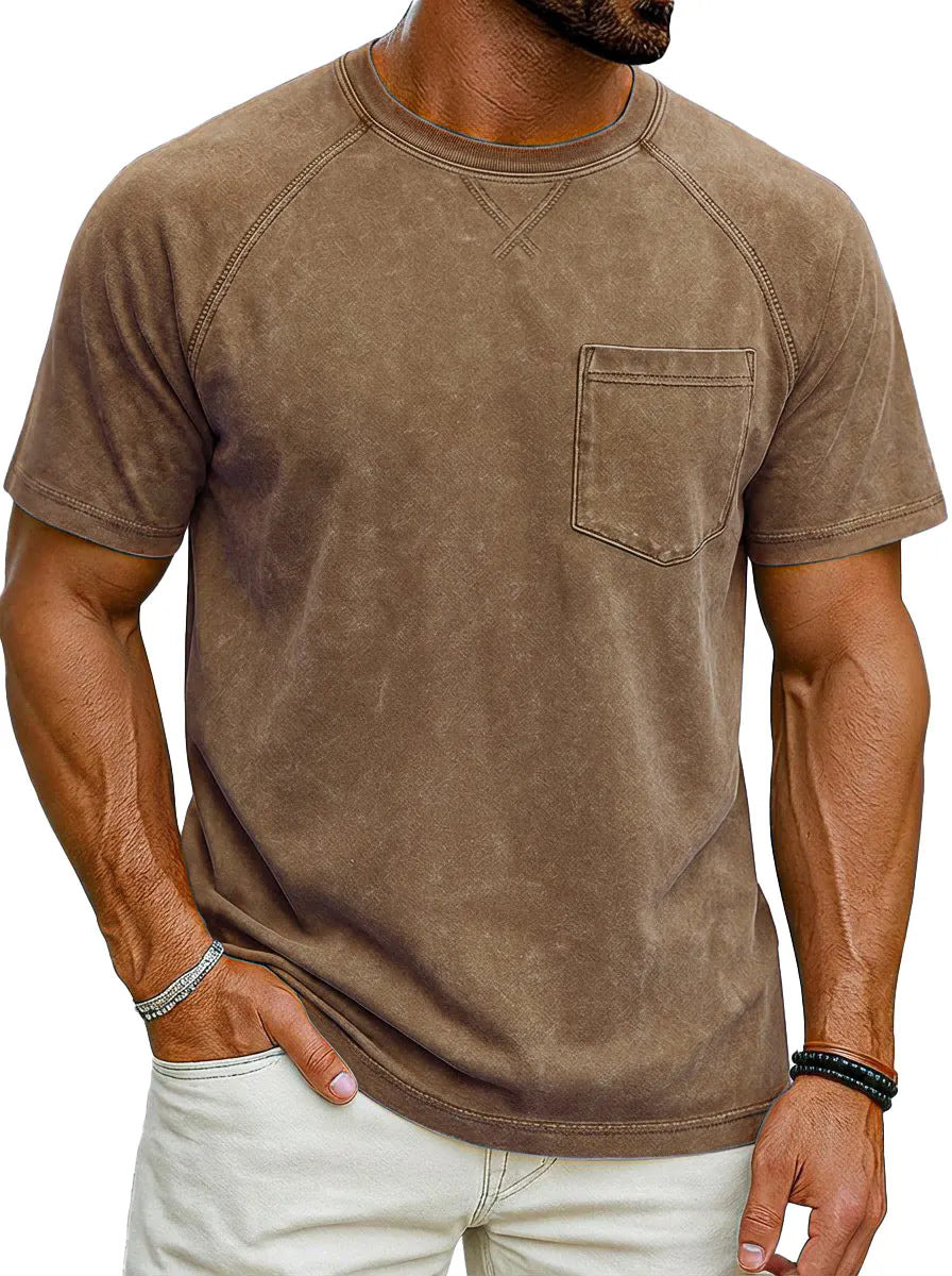 Retro Distressed Raglan Short-Sleeve Crew-Neck Casual T-Shirt Top