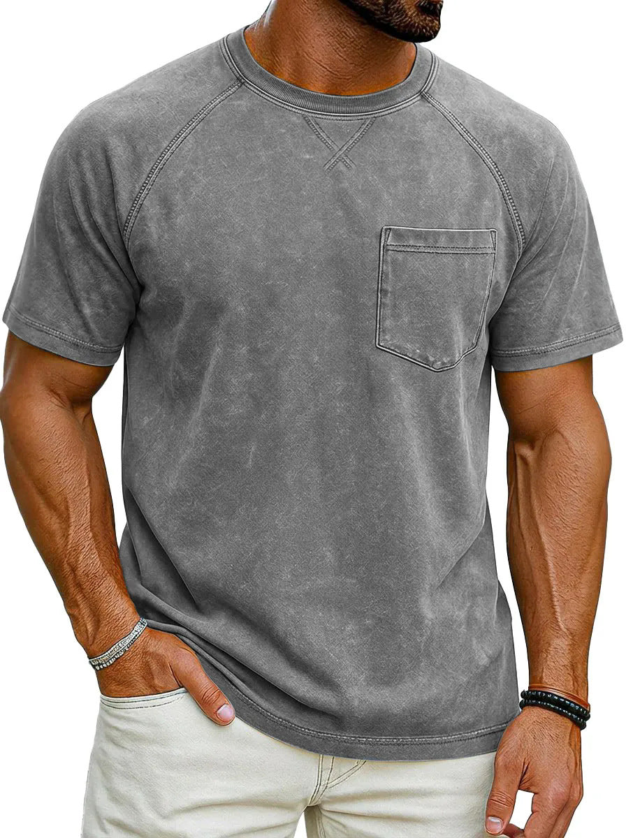 Retro Distressed Raglan Short-Sleeve Crew-Neck Casual T-Shirt Top