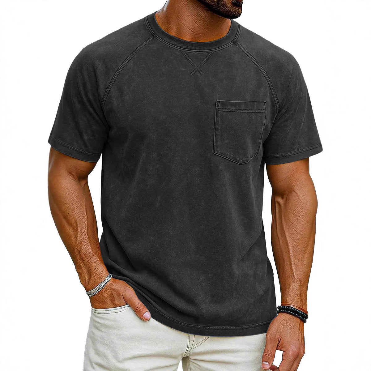 Retro Distressed Raglan Short-Sleeve Crew-Neck Casual T-Shirt Top