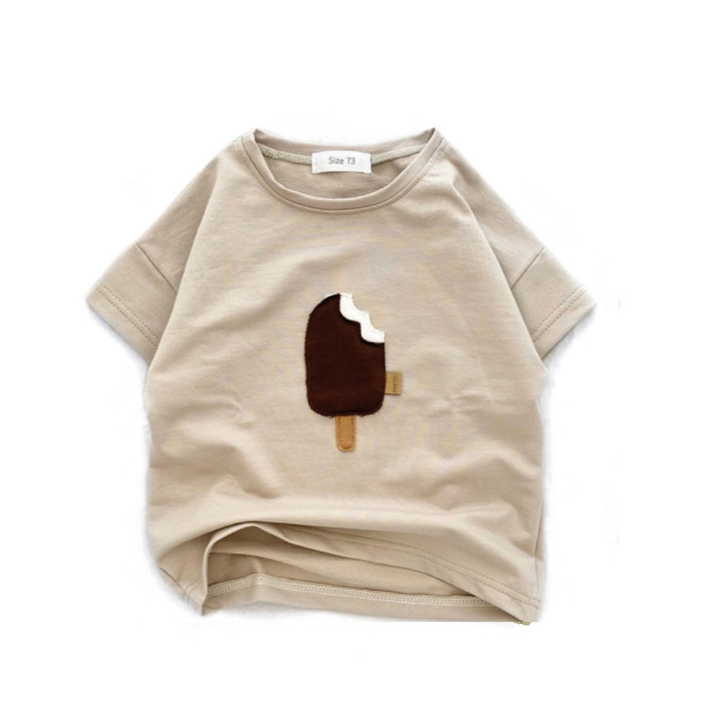 Crew-neck Korean-style Ice-cream Embroidery Short-sleeve Top