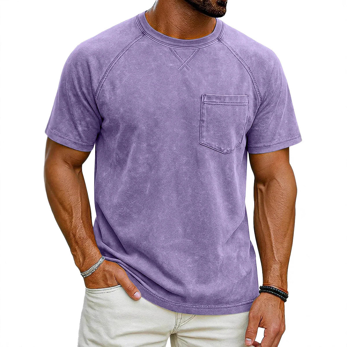 Retro Distressed Raglan Short-Sleeve Crew-Neck Casual T-Shirt Top