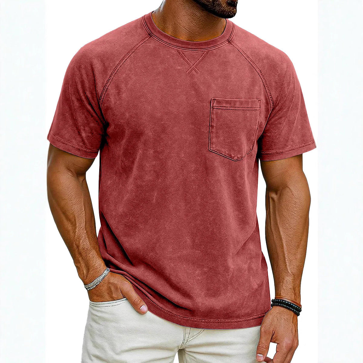 Retro Distressed Raglan Short-Sleeve Crew-Neck Casual T-Shirt Top