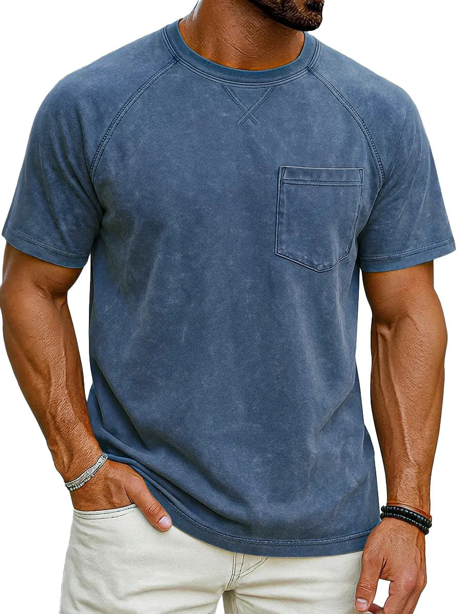 Retro Distressed Raglan Short-Sleeve Crew-Neck Casual T-Shirt Top