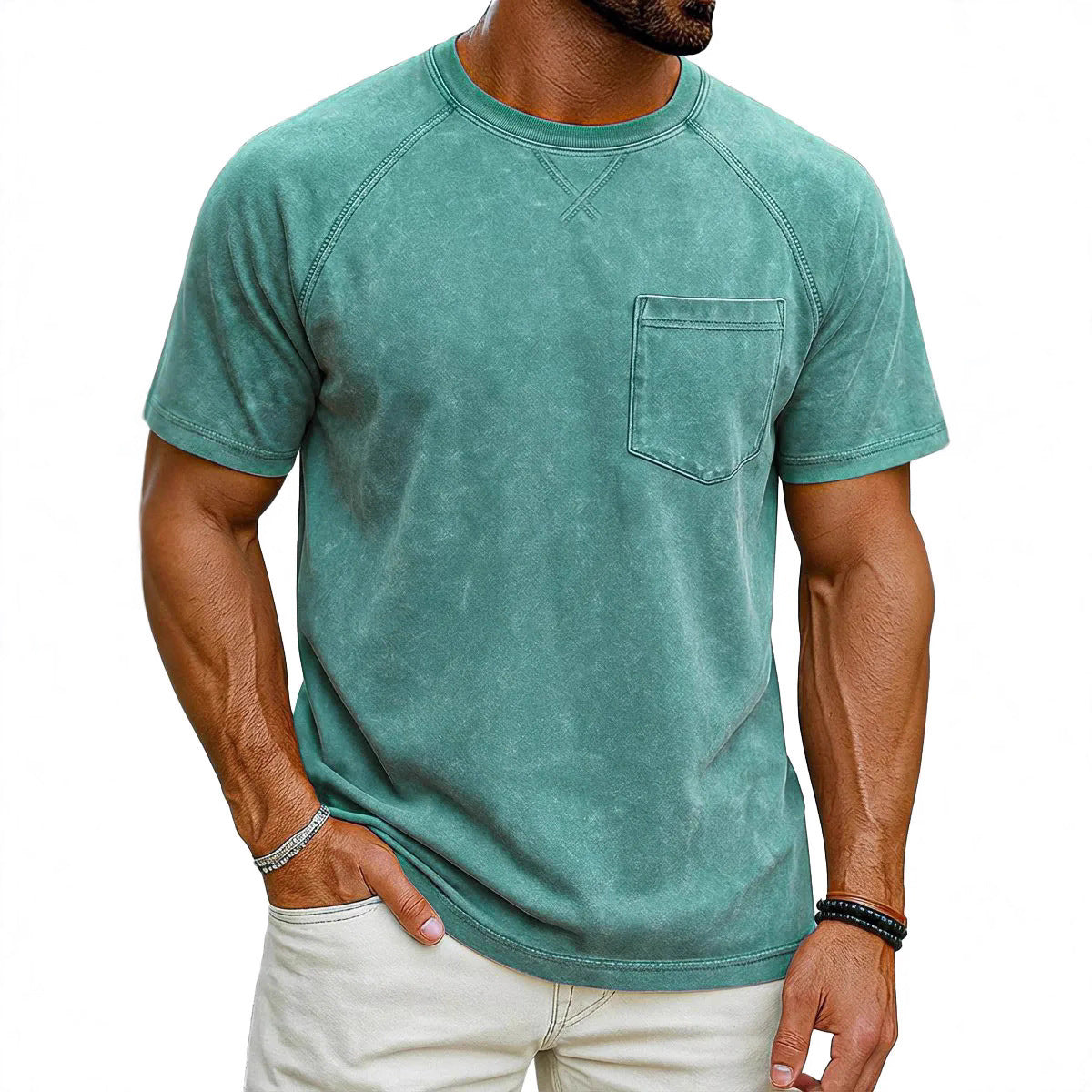 Retro Distressed Raglan Short-Sleeve Crew-Neck Casual T-Shirt Top