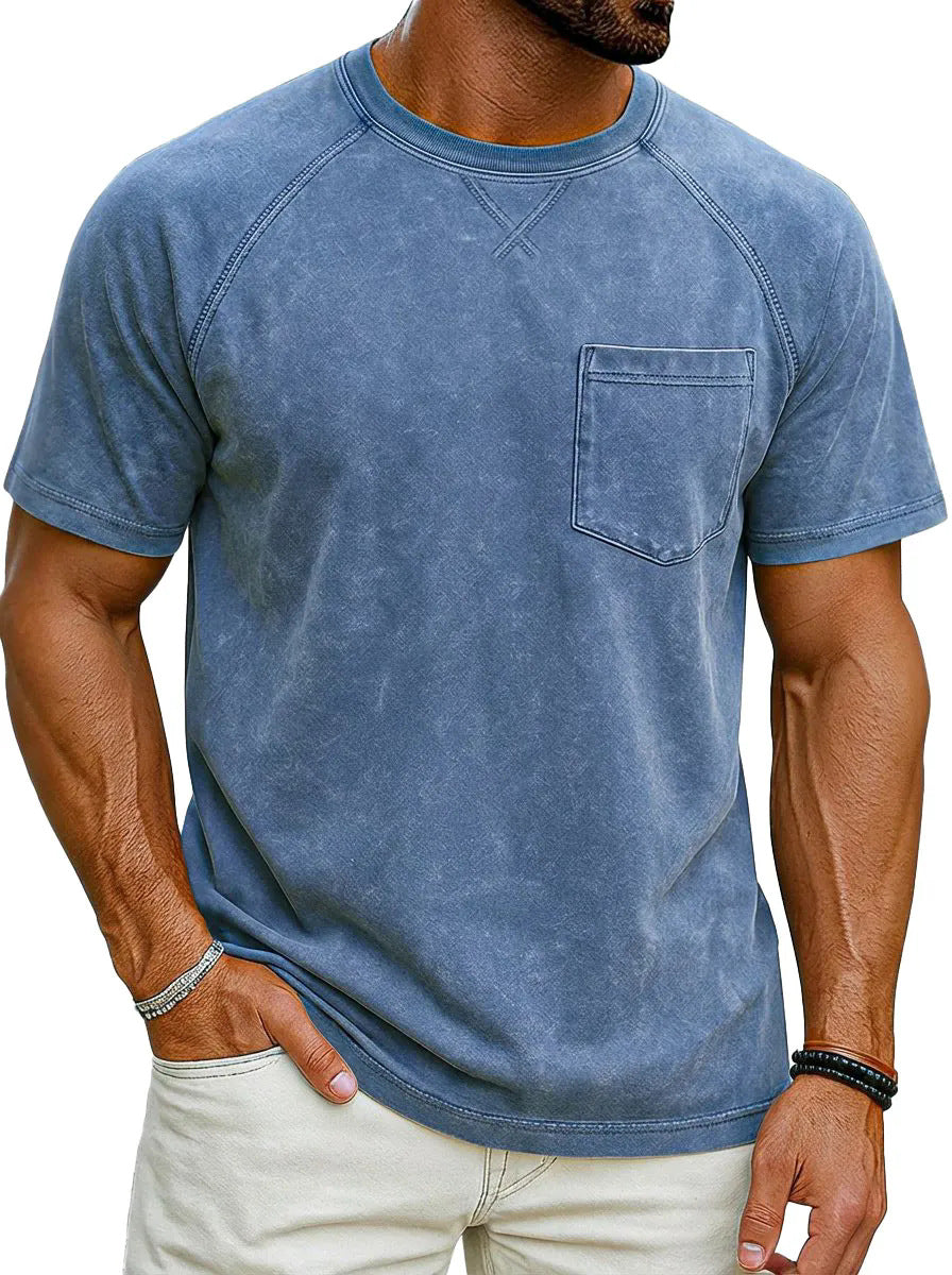 Retro Distressed Raglan Short-Sleeve Crew-Neck Casual T-Shirt Top