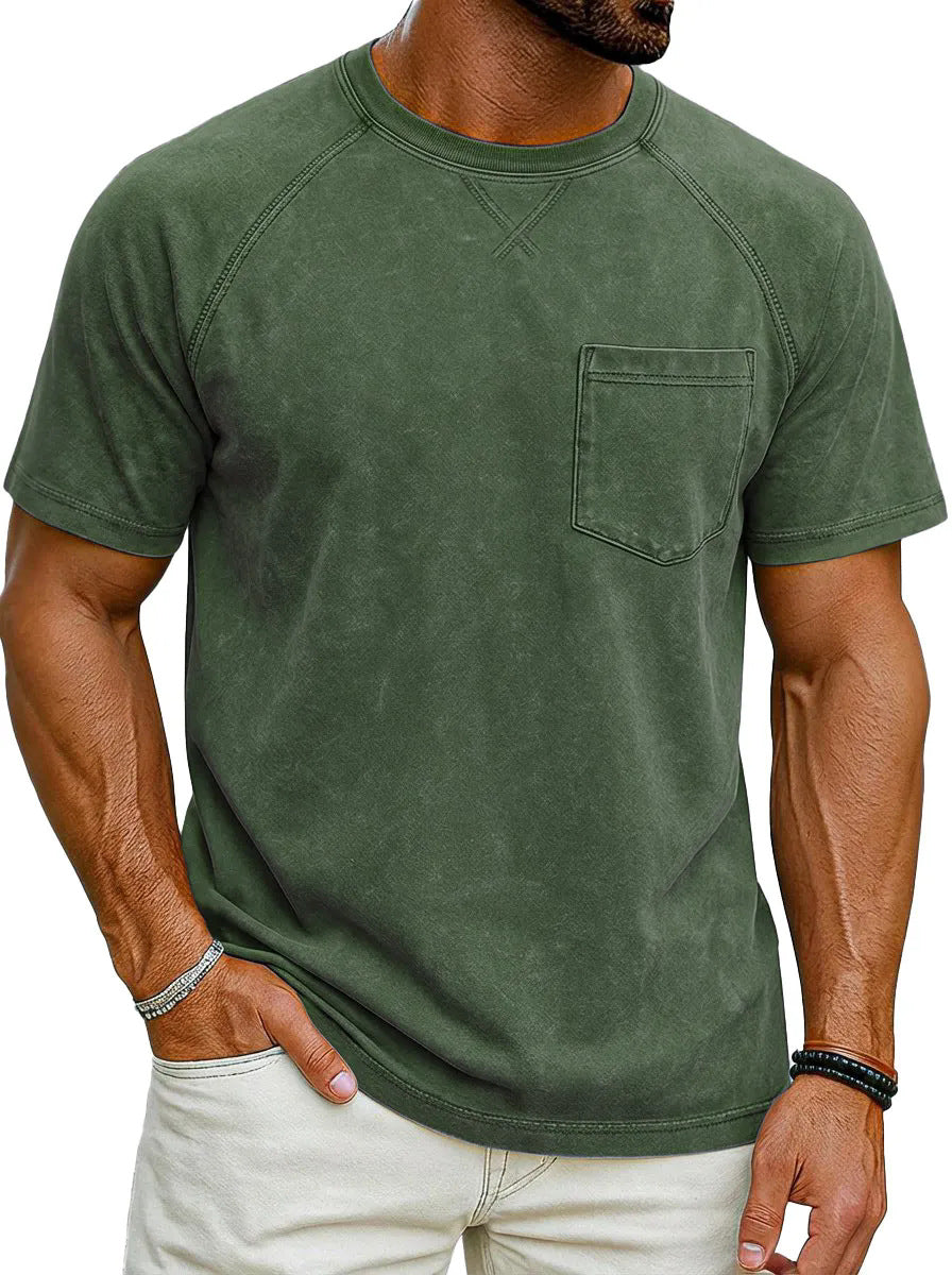 Retro Distressed Raglan Short-Sleeve Crew-Neck Casual T-Shirt Top