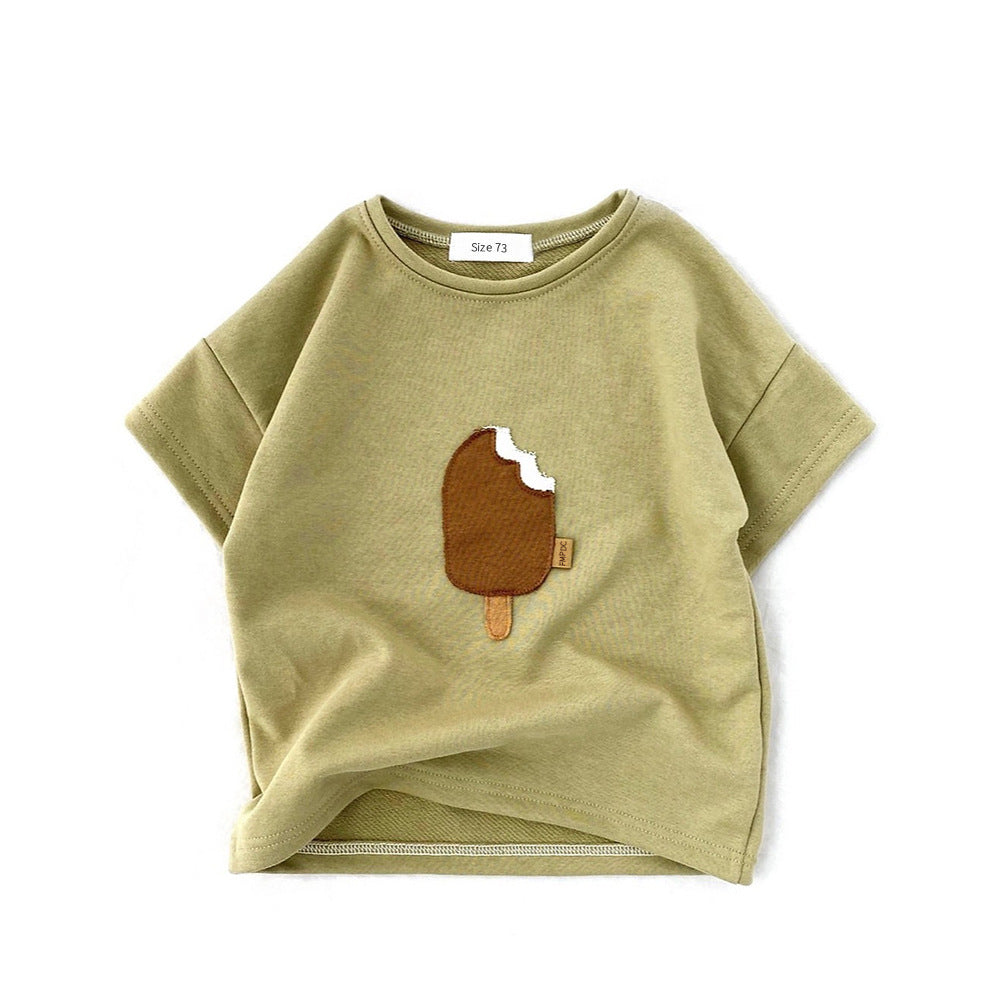Crew-neck Korean-style Ice-cream Embroidery Short-sleeve Top